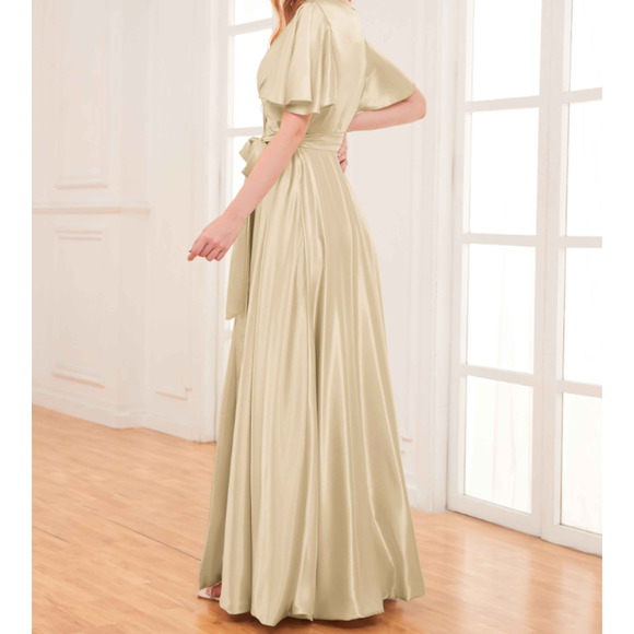 FORMAL SZ 6 S Cream Satin Flutter Sleeve Wrap Bridesmaid Maxi Dress NEW B24 - Picture 2 of 8